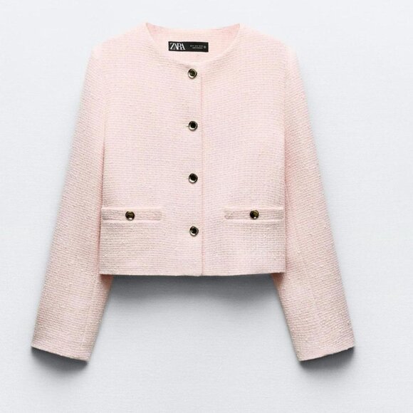 Zara Jackets & Blazers - Zara Pink White Tweed Boucle Cropped Blazer - Small